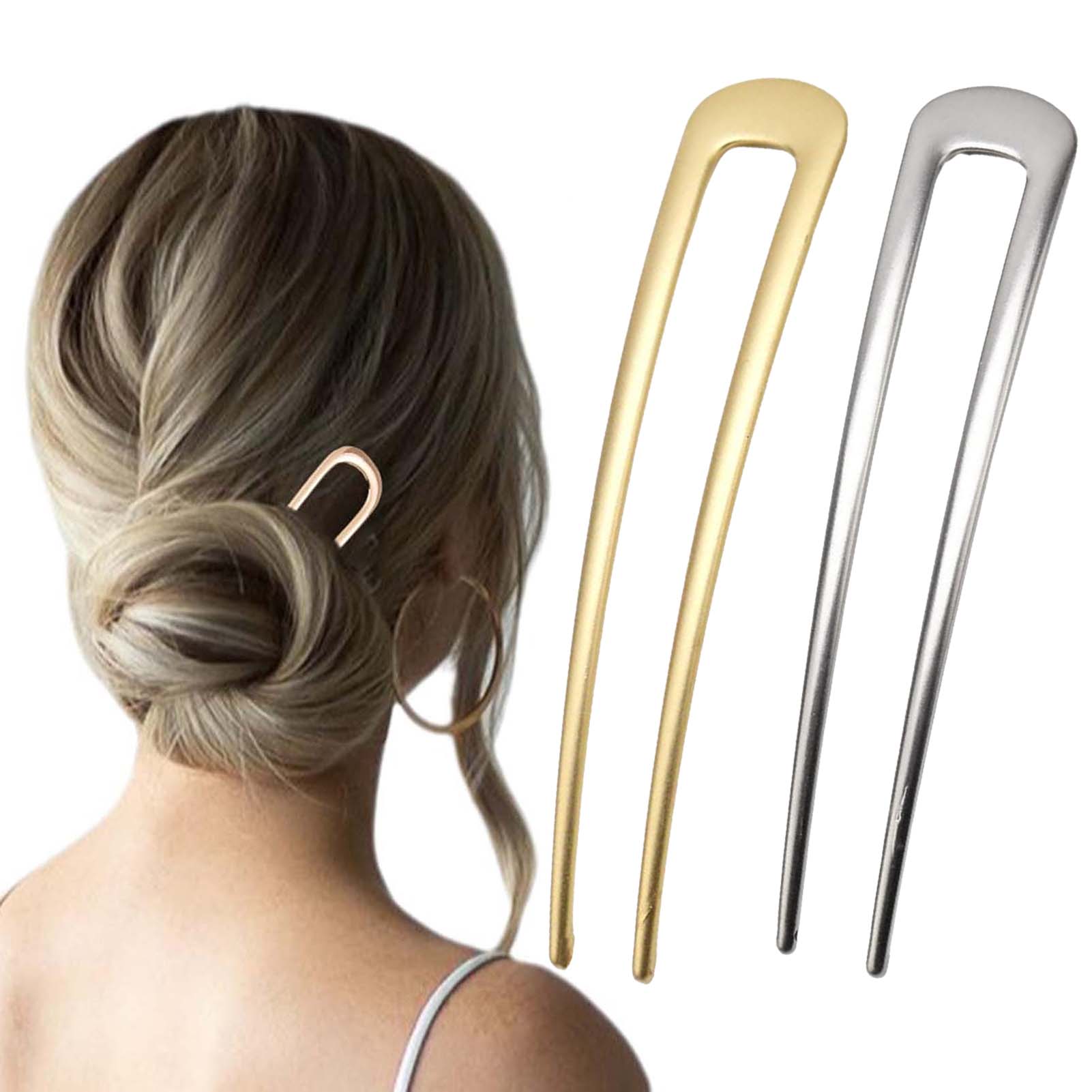 Hair Bundles - フランス製U字型ヘアピン ヴィンテージメタルヘアフォークスティック 女性用 厚い髪用スタイリングアクセサリー ゴールドシルバーカラー バンツール