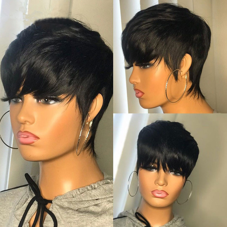 Short Pixie Cut Wig Human Hair Cheap - 短い人毛ウィッグ ピクシーカット ストレート ブラジル人毛ウィッグ 黒人女性用 機械製ウィッグ