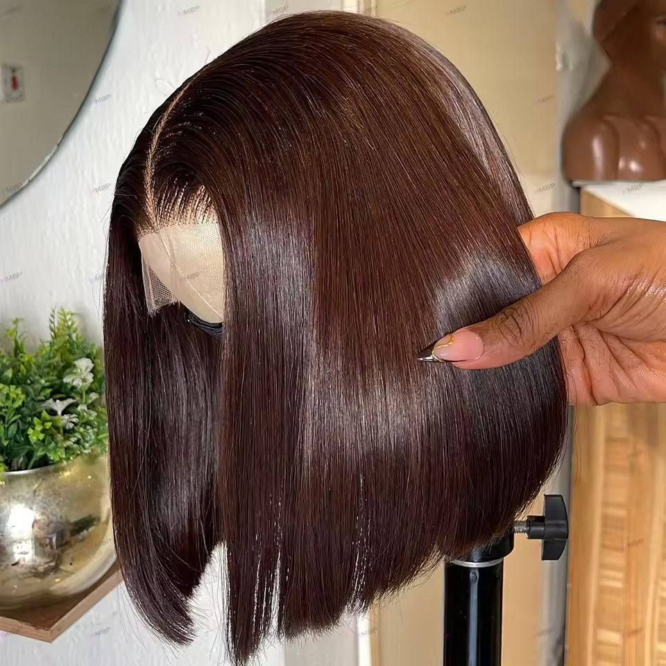 Glueless Wear And Go Human Hair Wig - 13x4チョコレートブラウンストレートボブウィッグ 4x4シルキーストレートHDレースフロントウィッグ 自然な生え際プレプラッキング済み人毛100% 16インチ