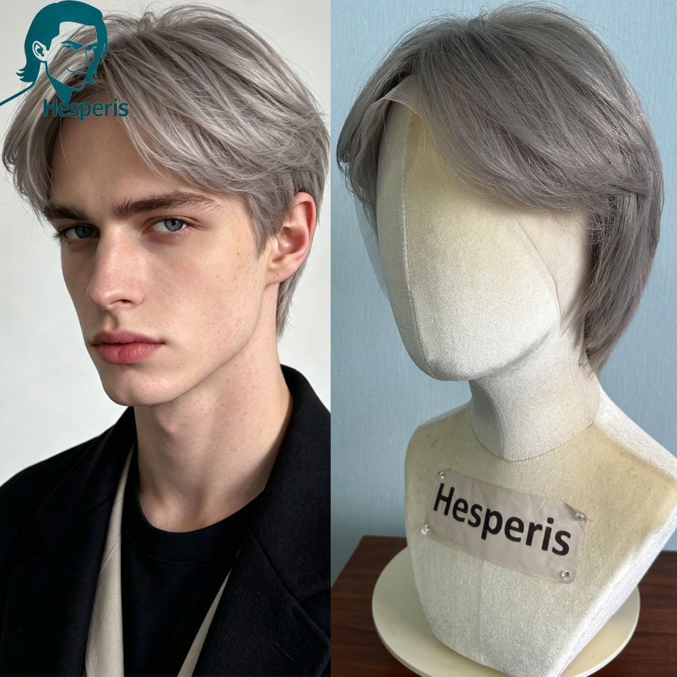 Pre Parted 13X4 Lace Front Bob Wig - ヘスペリス ブラジリアン レミー グレーカラー メンズ ショートカット