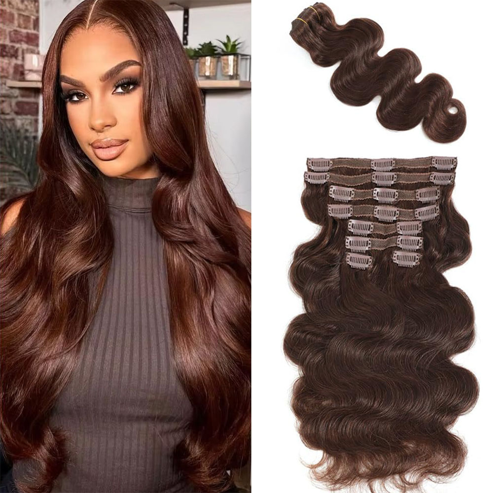 Seamless Clip In Hair Extensions Human Hair - # 4つのチョコレートブラウンのボディウェーブクリップ式人毛エクステ、100%レミー人毛クリップ式、110g、8個/セット、女性用フルヘッド