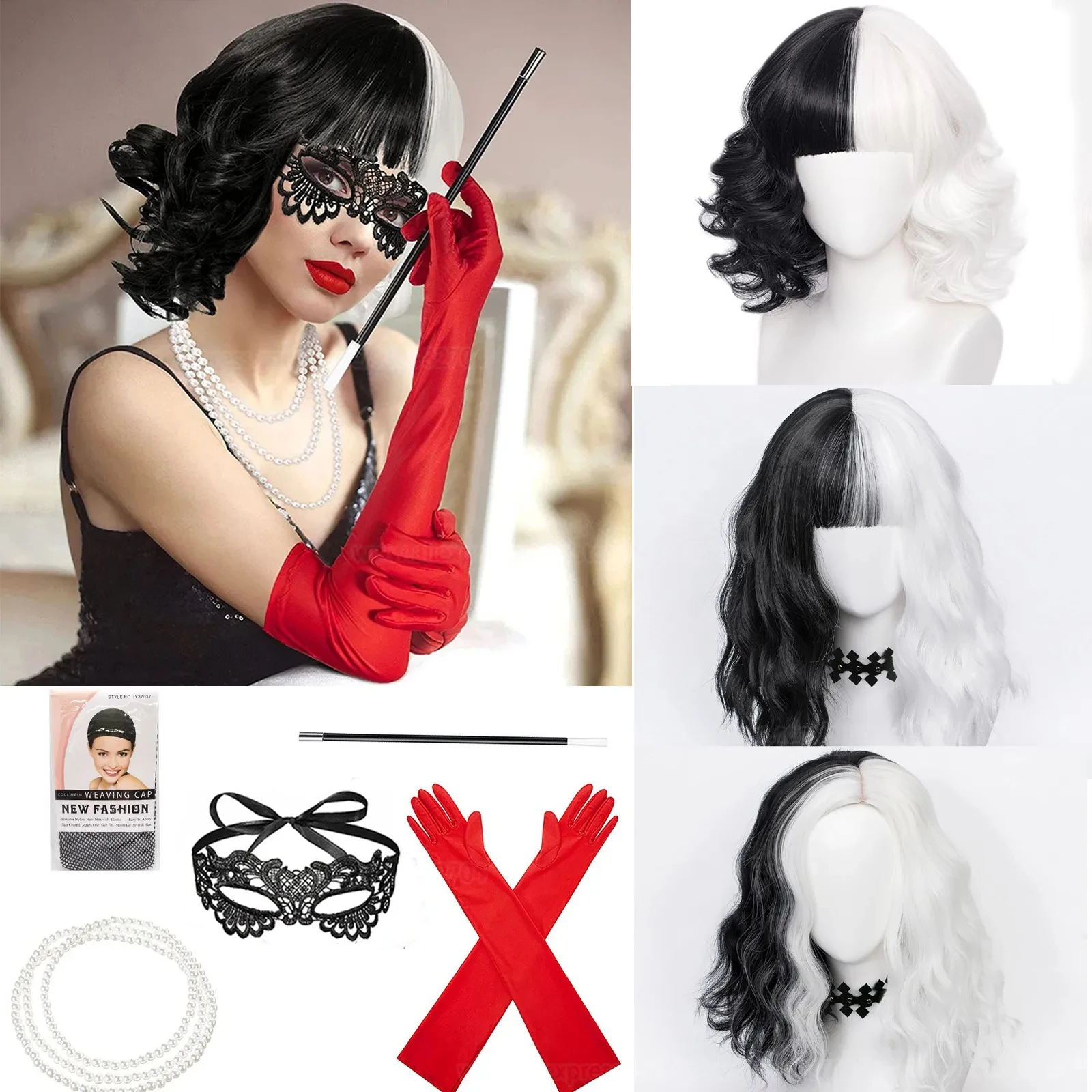 Synthetic Braided Wigs For Black Women - コンベンションアニメクルエラ・デ・ヴィルコスプレウィッグ小道具カーリーハーフブラックとハーフホワイト耐熱ヘアウィッグマスク手袋ネックレス