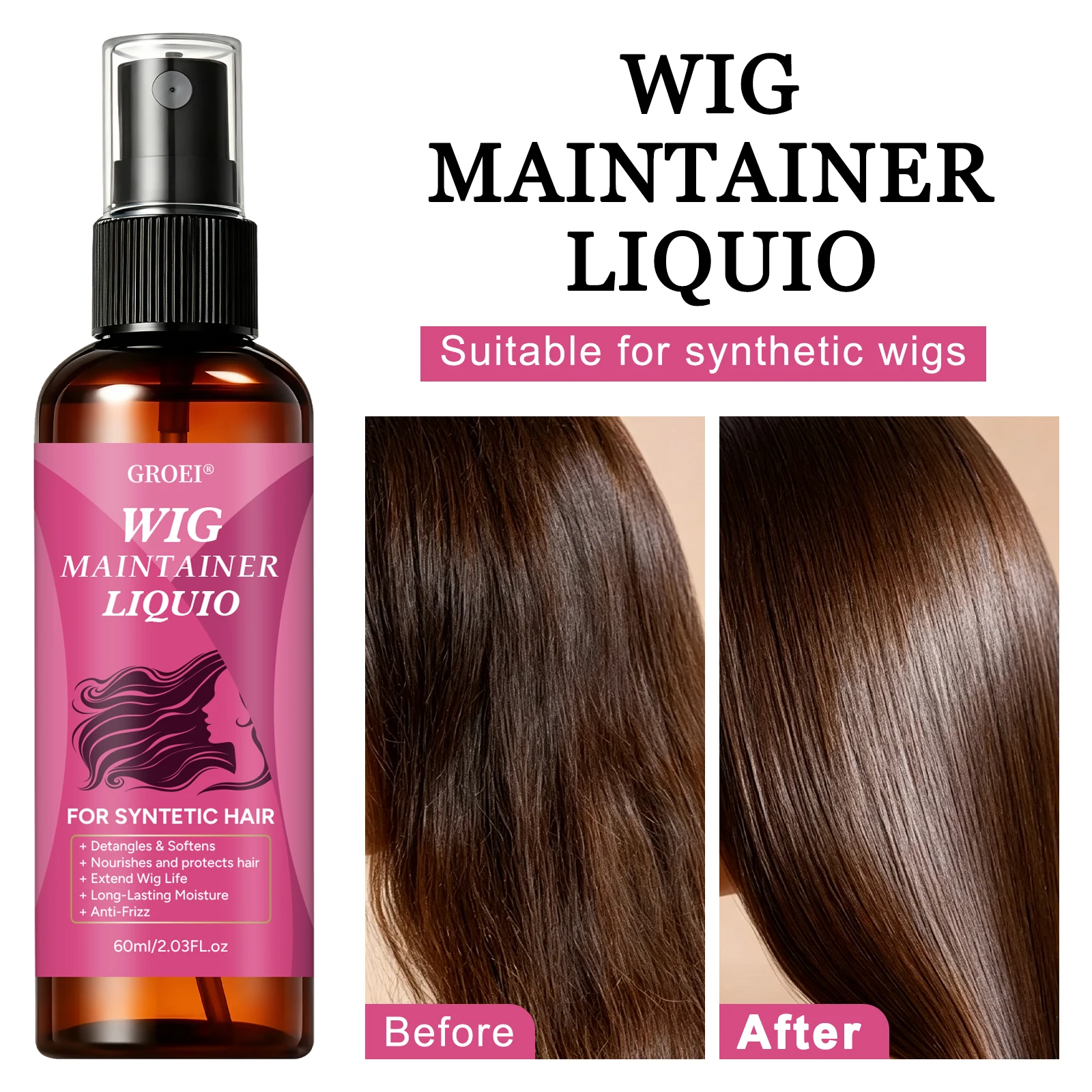 Synthetic Wigs - GROEI アンチフリズ ウィッグ メンテナースプレー 60ml、合成毛ウィッグ用の絡まり解消・保湿・光沢ケア液
