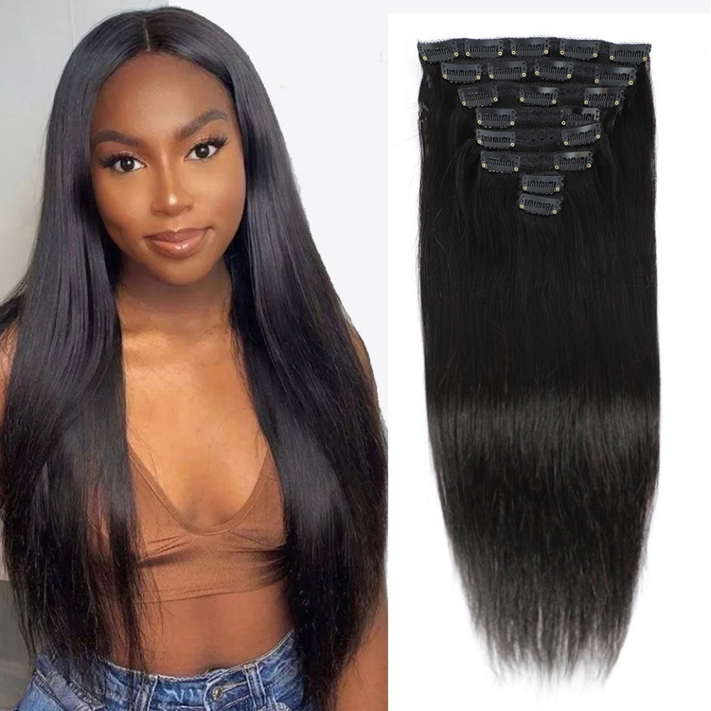 Seamless Clip In Hair Extensions Human Hair - ナチュラルストレートクリップイン人毛エクステンションブラジルバージンフルヘッドクリップオンヘアピース女性用