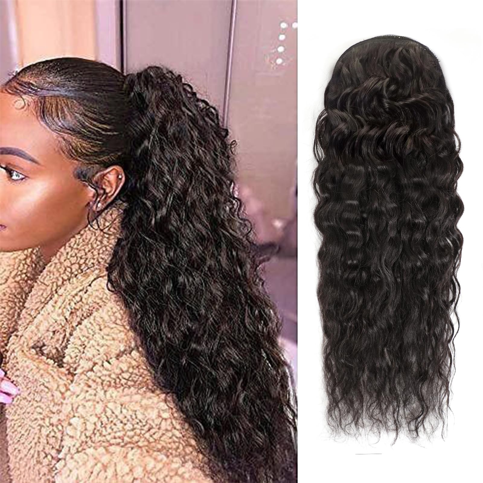 Seamless Clip In Hair Extensions Human Hair - 水波状ポニーテール人毛エクステ、巻き付けポニーテール、ドローストリングポニーテール、ブラジル人毛ポニーテール、クリップ式ヘアピース