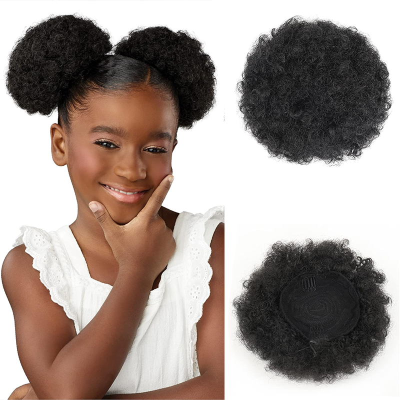 Drawstring Afro Curly Puff Ponytail - 小さな女の子と女性のための合成アフロパフ巾着ポニーテール、小さな髪のパン、縮れた巻き毛、ドーナツシニヨン、4インチ