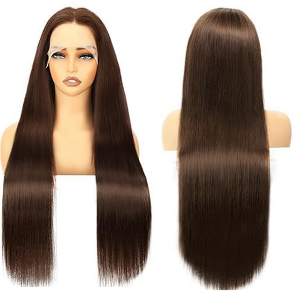Lace Front Wigs - チョコレートカラー 13x4 HDレースフロントウィッグ 密度200% # 4つのブラウンカラーのストレート人毛ウィッグ、46インチ、13x6透明レースフロントウィッグ