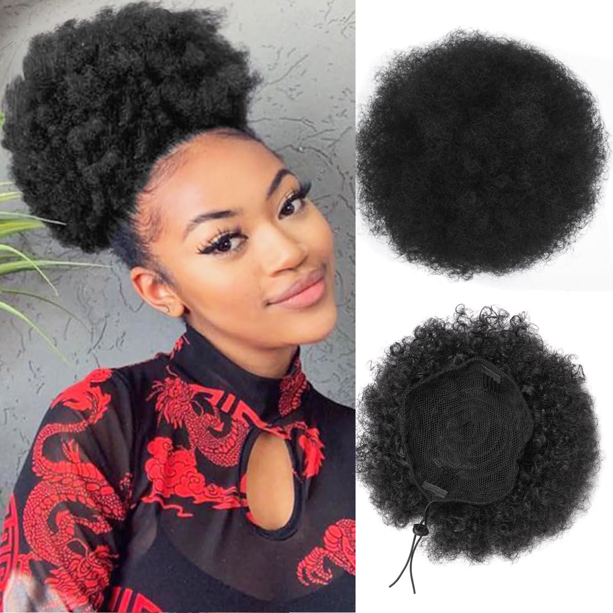 Drawstring Afro Curly Puff Ponytail - 黒人女性のためのパフドローストリング,短い巻き毛のアフロポニーテール,合成生地