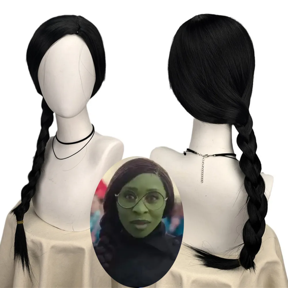 Synthetic Braided Wigs For Black Women - 邪悪なエルファバウィッグ女性ガールズロングヘアウィッグ黒三つ編み耐熱合成繊維コスプレ衣装ウィッグ