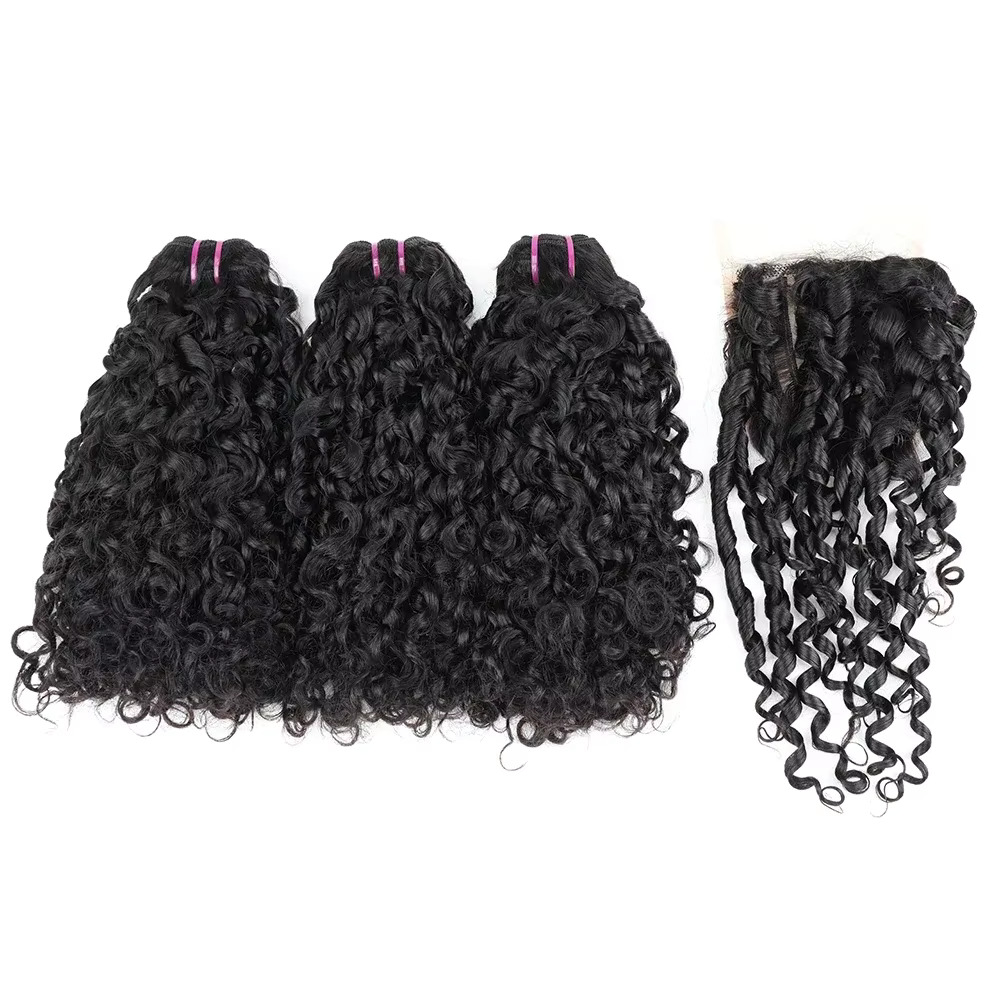 Deep Wave 3 Bundles With Closure - ピクシーカールヘアバンドル（クロージャー付き）ディープカーリーヘアブラジリアン生毛ウィービング8～20インチ人毛ルーズディープウェーブエクステンション