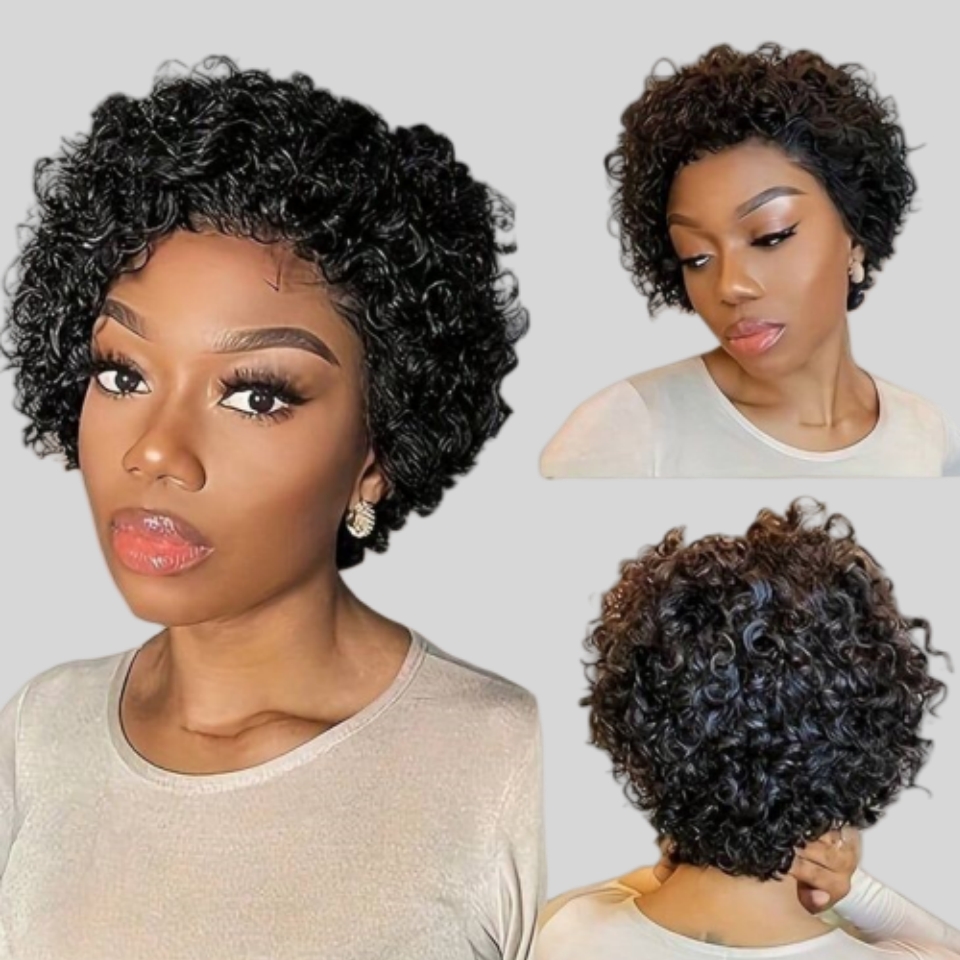 カーリーピクシーカットウィッグレース人毛ウィッグウォーターウ - Short Pixie Cut Wig Human Hair Cheap のレビューと価格