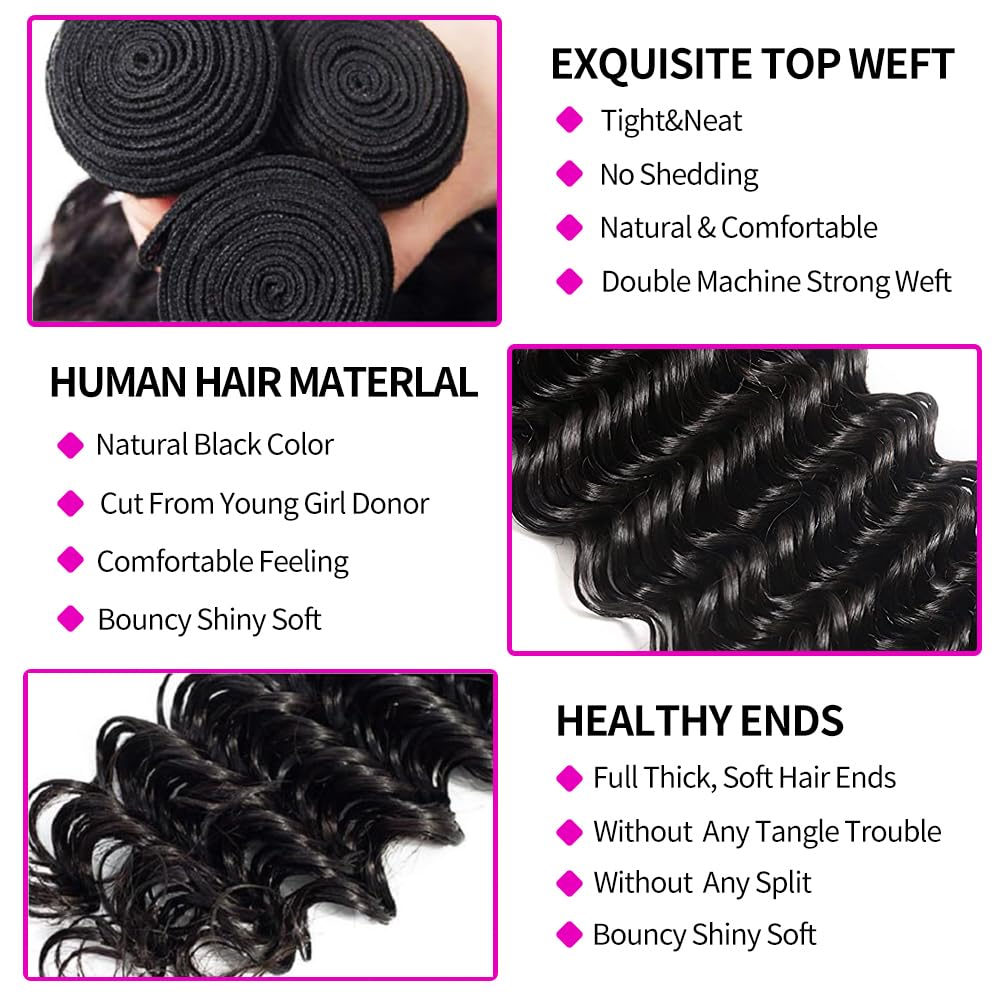 ディープウェーブ人毛ヘアバンドル（クロージャー付き）ブラジル - Deep Wave 3 Bundles With Closure のレビューと価格