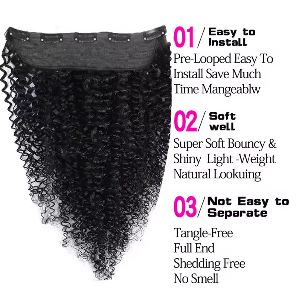 ワンピースヘアエクステ用クリップ1個、ナチュラルで縮れのある - Seamless Clip In Hair Extensions Human Hair のレビューと価格