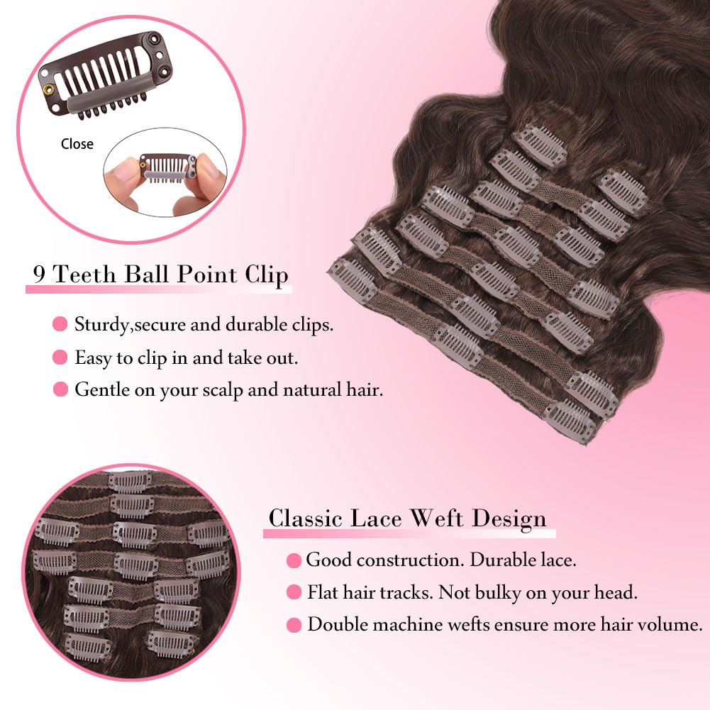 # 4つのチョコレートブラウンのボディウェーブクリップ式人毛 - Seamless Clip In Hair Extensions Human Hair のレビューと価格