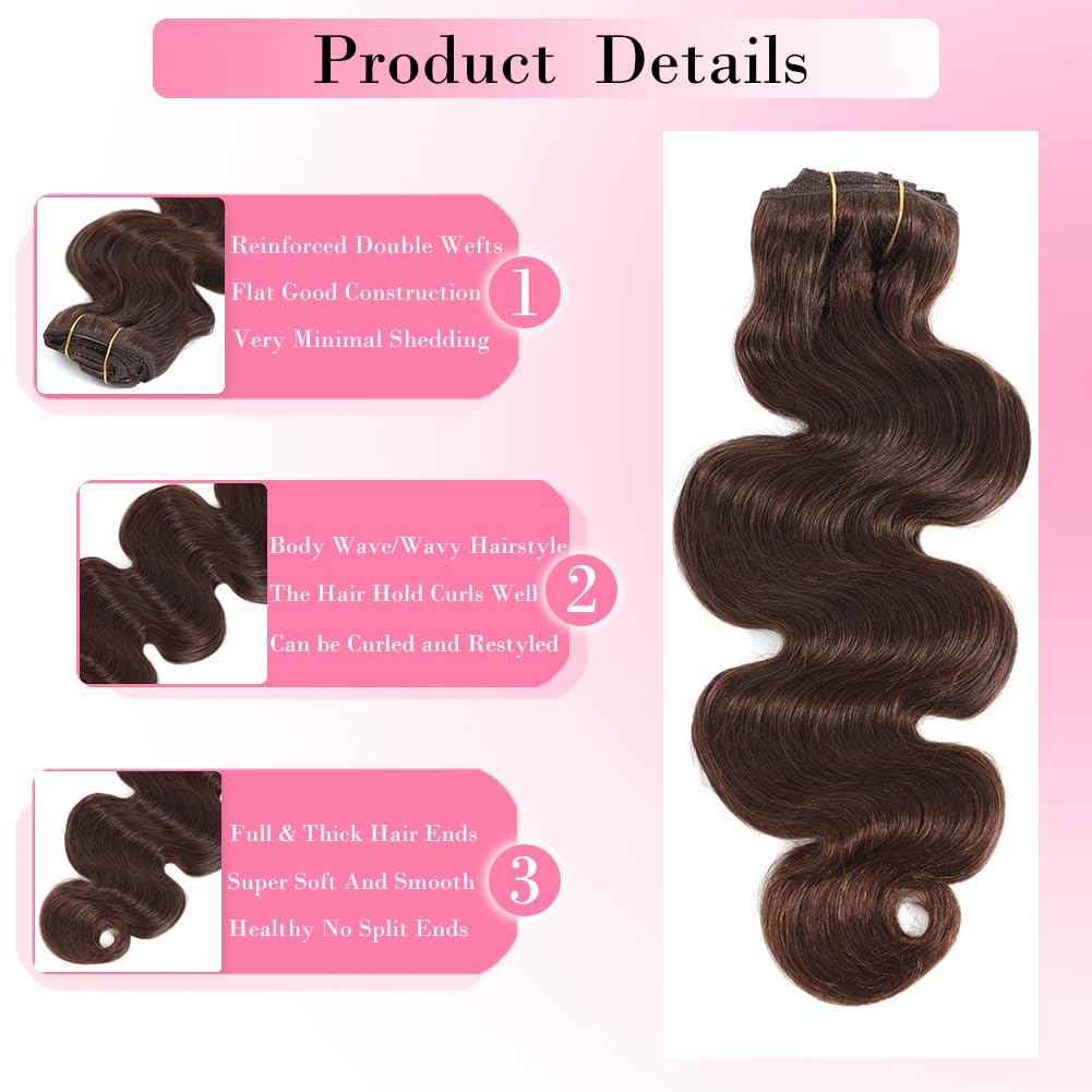 # 4つのチョコレートブラウンのボディウェーブクリップ式人毛 - Seamless Clip In Hair Extensions Human Hair のレビューと価格