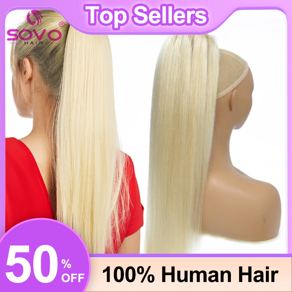 SOVO 巾着ポニーテール人毛ストレートヨーロッパブロンドハ - Seamless Clip In Hair Extensions Human Hair のレビューと価格