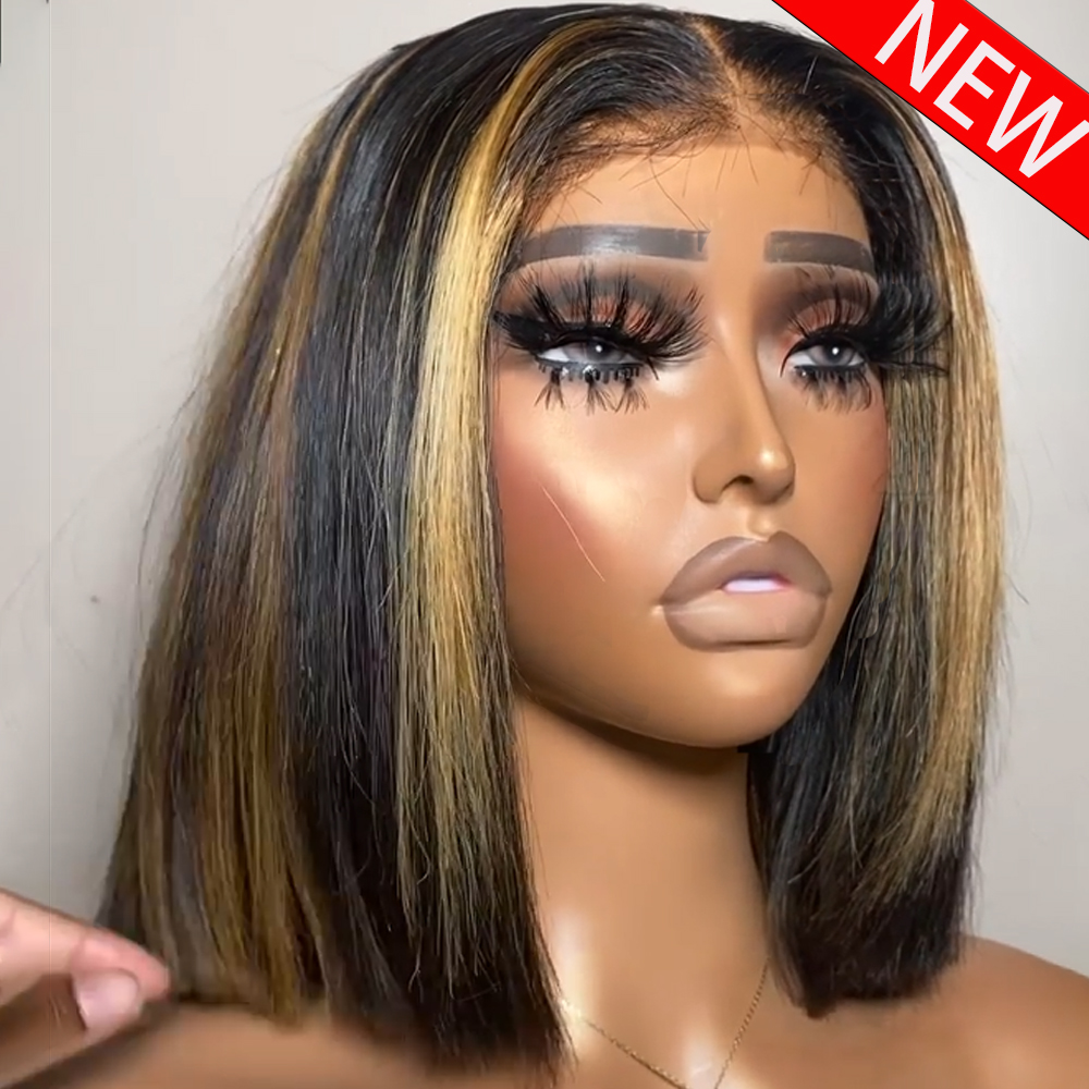 100%人毛ウィッグ ハイライトブラウン ストレートボブウィ - Glueless Wear And Go Human Hair Wig のレビューと価格