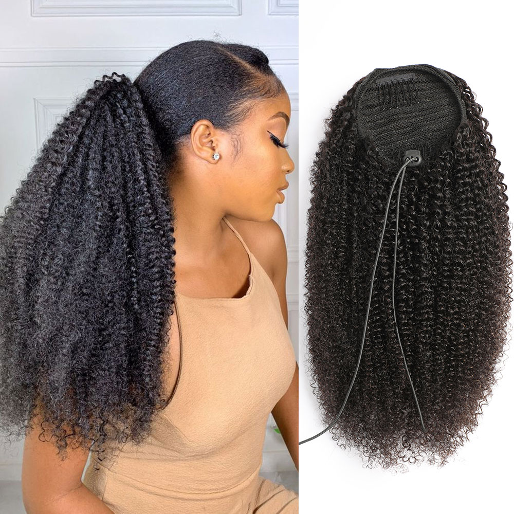 ポニーテール人毛アフロ縮毛カーリードローストリングポニーテー - Seamless Clip In Hair Extensions Human Hair のレビューと価格