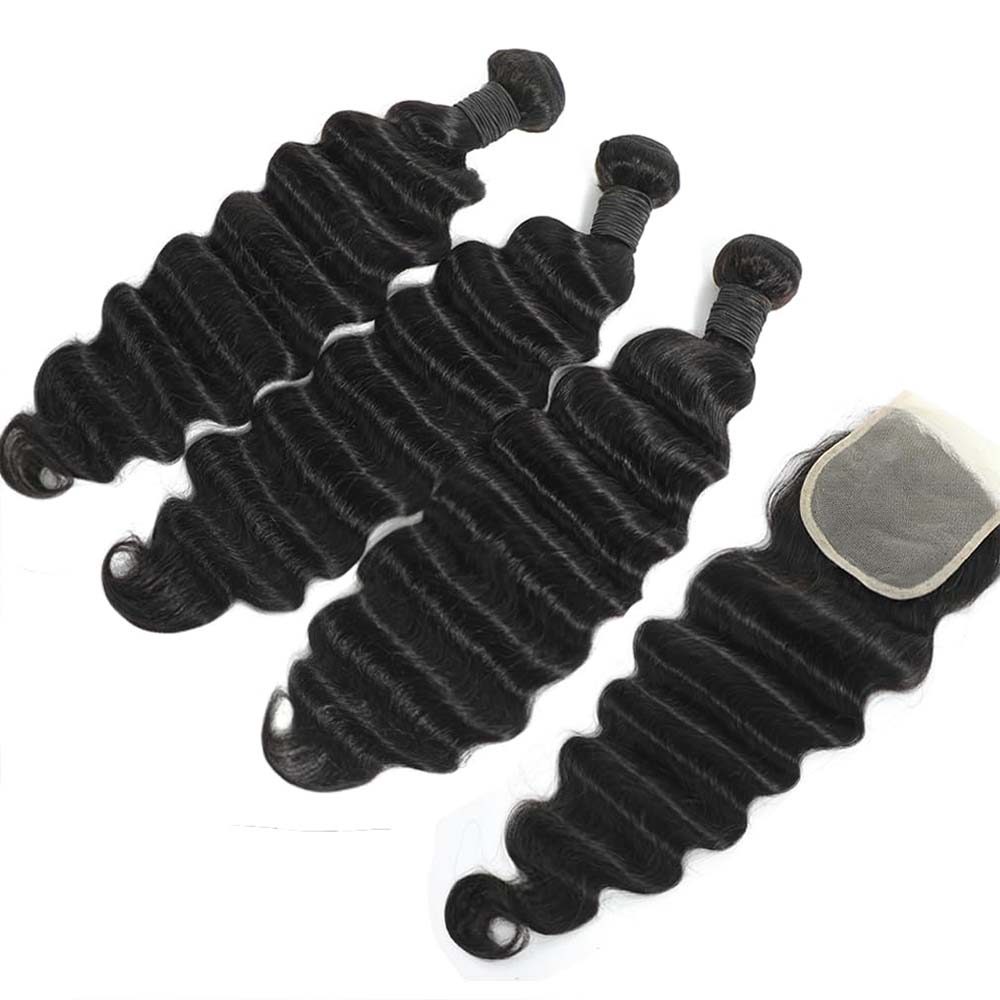 未加工のルーズディープウェーブ人毛束とクロージャー付き、目に - Deep Wave 3 Bundles With Closure のレビューと価格