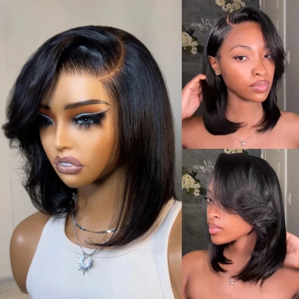 黒色のショートボブストレートレースフロントウィッグ（前髪付き - Pre Parted 13X4 Lace Front Bob Wig のレビューと価格