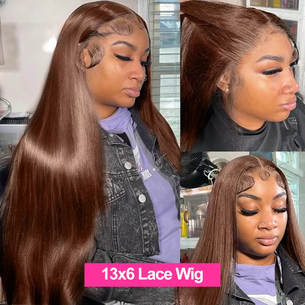 チョコレートカラー 13x4 HDレースフロントウィッグ 密 - Lace Front Wigs のレビューと価格