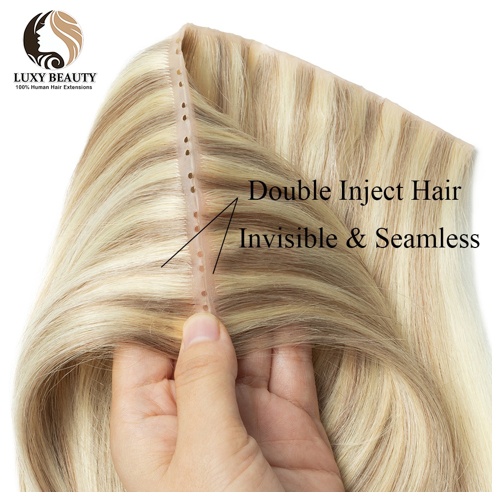 ブロンドの穴あきウィッグ人毛エクステ ストレート ツインタブ - Invisible Tape In Extensions Real Hair のレビューと価格