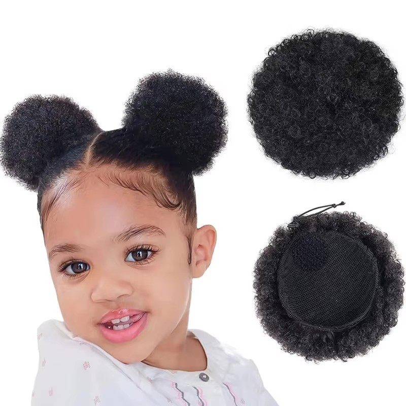 1個/パック キッズヘアパフ ナチュラルブラック人毛アフロパ - Drawstring Afro Curly Puff Ponytail のレビューと価格
