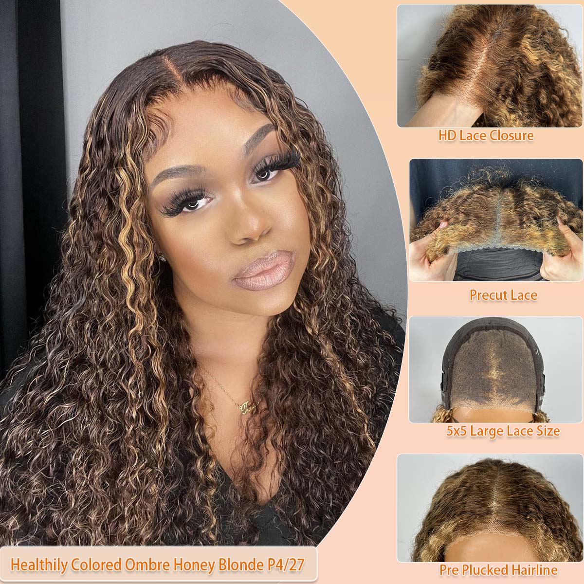 ウェア＆ゴーウィッグ P427 ハニーブロンド カール人毛ウ - Glueless Wear And Go Human Hair Wig のレビューと価格