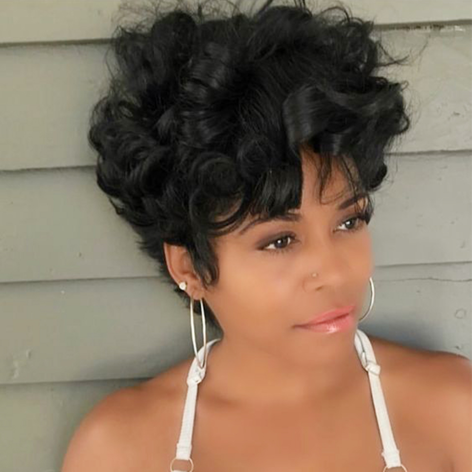黒人女性のための自然な波状のかつら,短いピクシーカットの人間 - Short Pixie Cut Wig Human Hair Cheap のレビューと価格